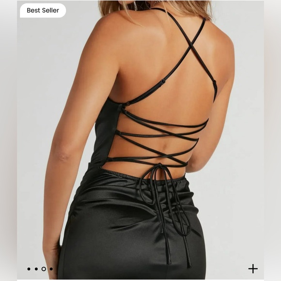 Formal Satin Lace-Up Mermaid Dress, Black - Picture 5 of 6